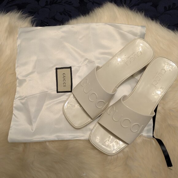 Gucci Shoes - Gucci  Rubber Platform Block Heel Sandals Cream White Sz 38